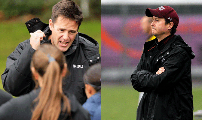 GNAC women's soccer coaches Travis Connell (left) of WWU and Chuck Sekyra of SPU each won NCAA championships as players at SPU.